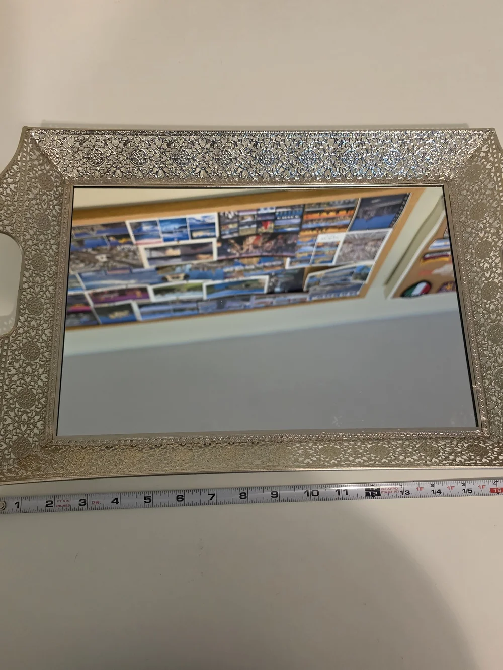 Gold Tone Mirrored Metal & Glass Serving Tray w/ Handles Floral Rectangle 18x13